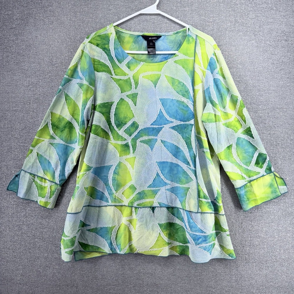 Ali Miles Tunic Top Women Size Large Green Blue Geometric Casual Designer